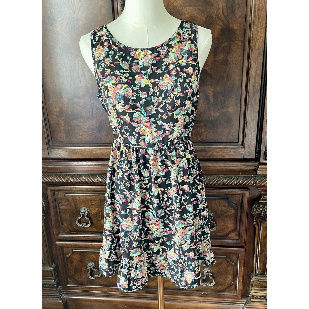 One Clothing Floral Fit & Flare Dress Black Sleeveless Ruffle Hem Garden Party S